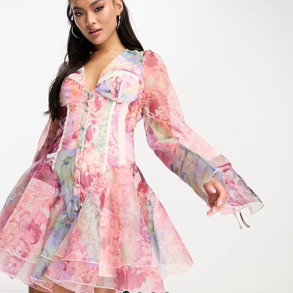 ASOS LUXE CUPPED ORGANZA MINI DRESS IN FLORAL PRINT - SIZE 14